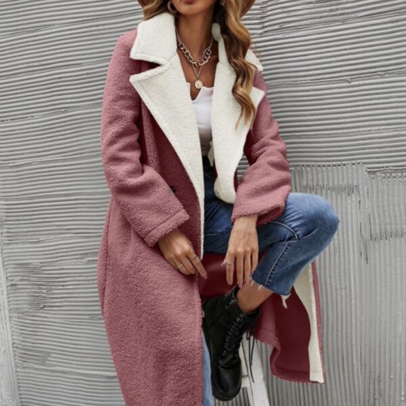 Cozy Pink Teddy Long Coat Jacket Minimalist - Picture 11 of 12